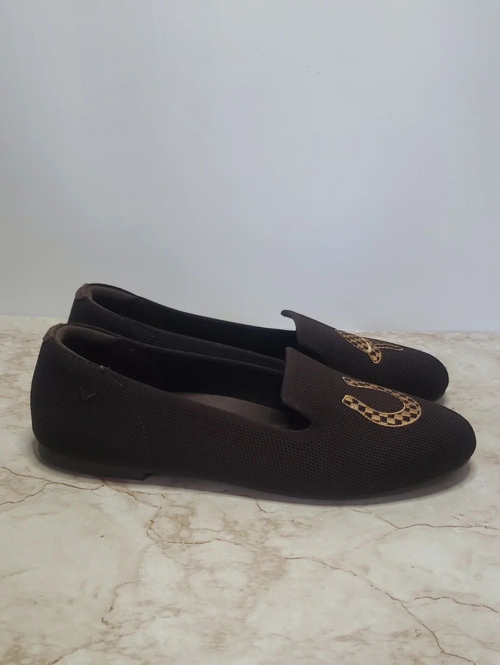 VIVALA Audrey Brown Slip-On Loafers with Gold Embroidery Size 38 New